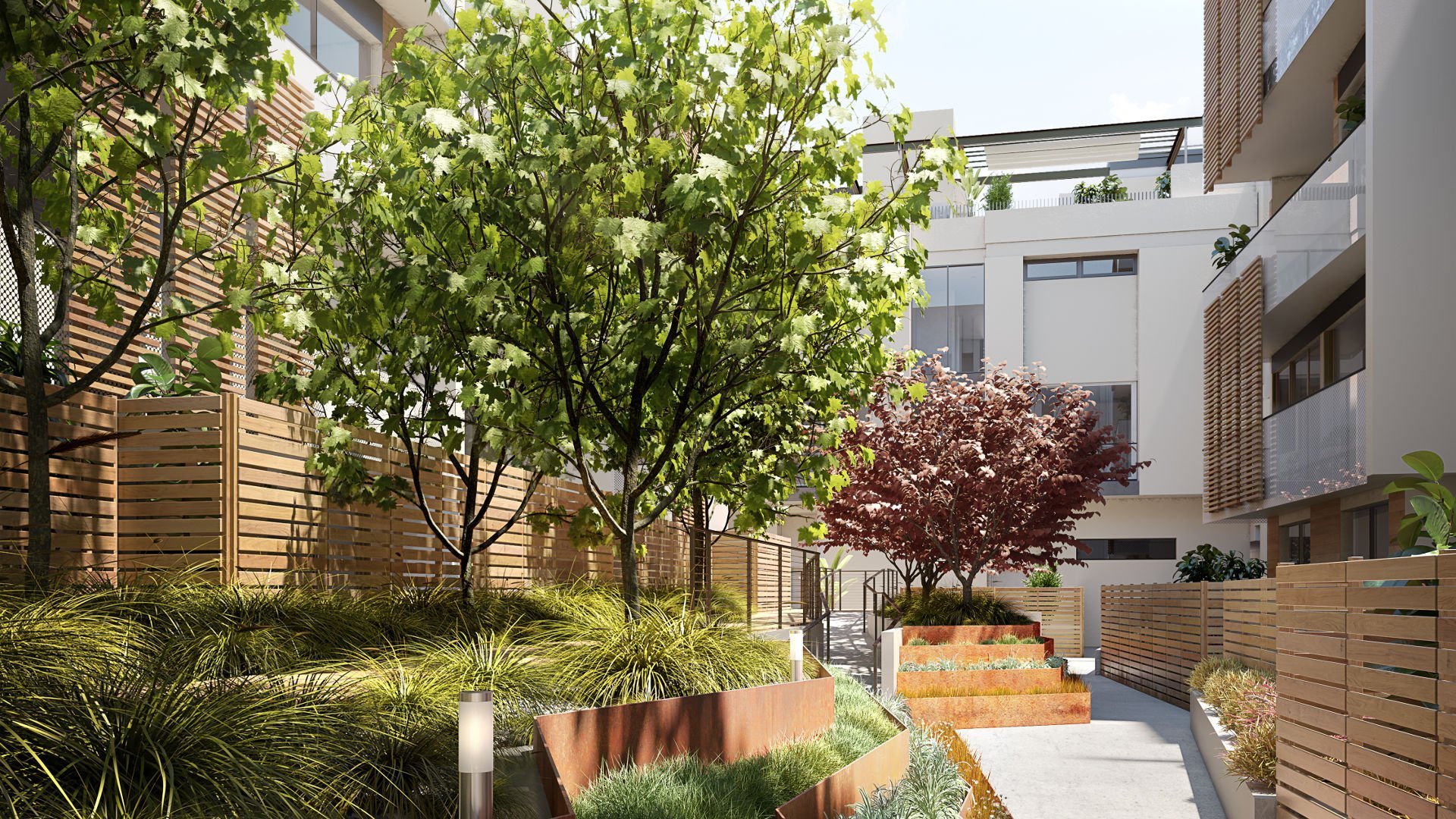 Modern residential courtyard with lush landscaping and wooden privacy screens