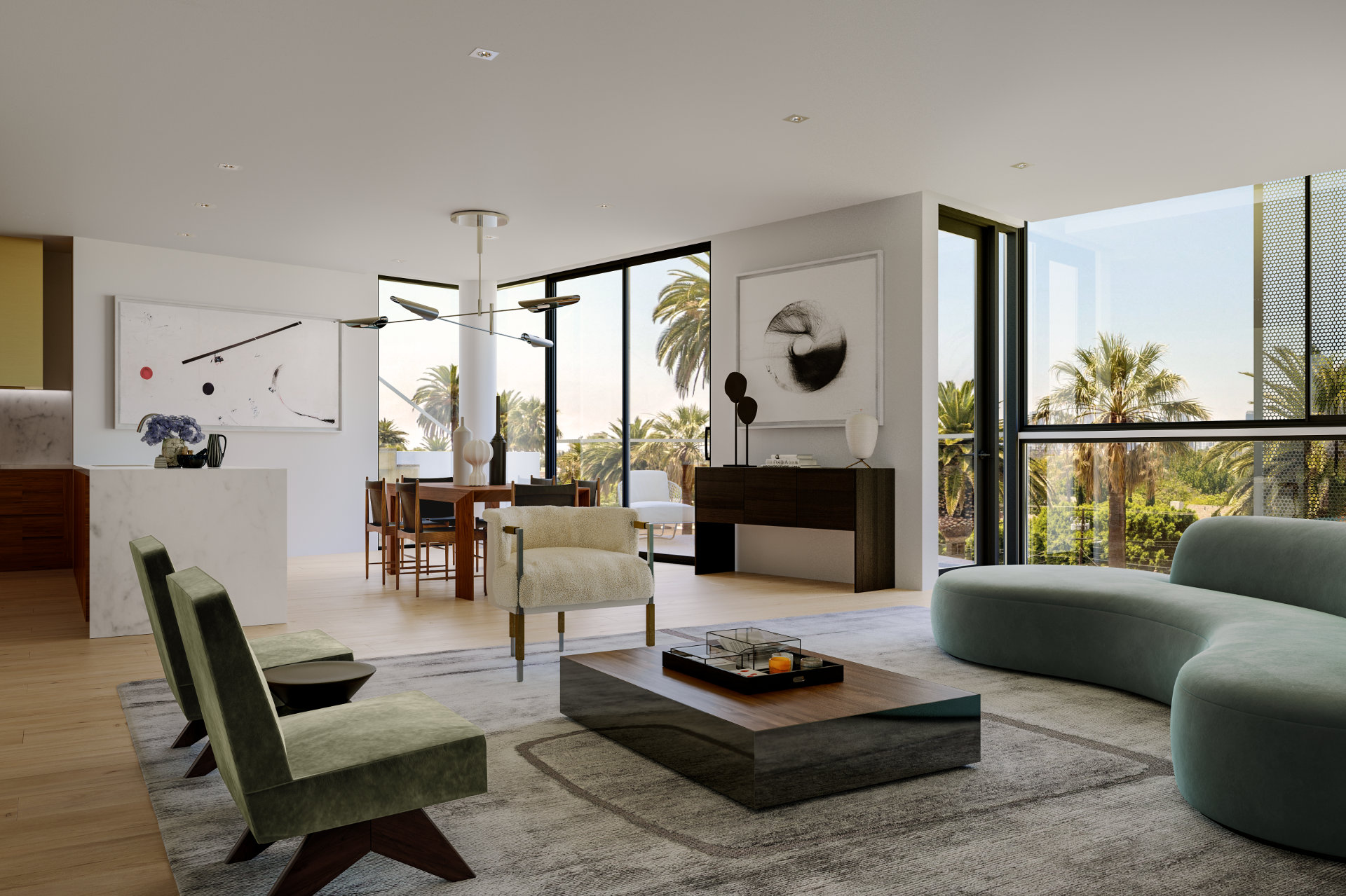 Modern living room with open-plan design, featuring contemporary furniture and large windows with a view of palm trees
